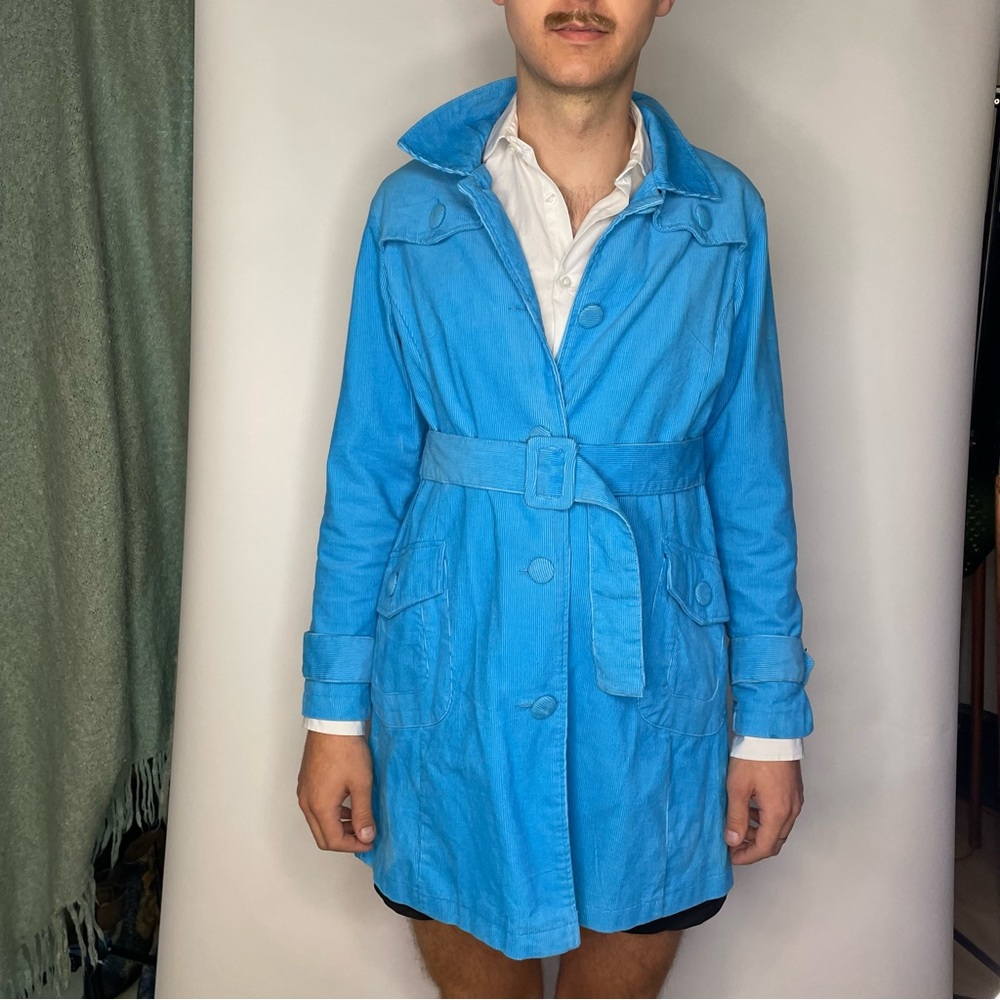 Cyan Blue Corduroy Spring/Fall Knee Length Jacket
